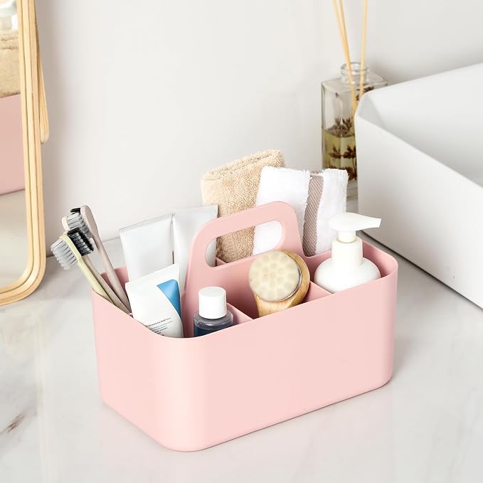 Multiuse Caddy Organizer with Handle, Portable Divided Plastic Tote Bin - Art Craft, Stationary Pen Marker Crayons, Makeup Hair Supplies Storage - Bathroom, Classroom, Dorm, Office, Desk Holder - Pink - Image 3