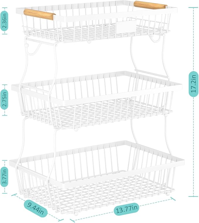 3 Tier Fruit Basket for Kitchen Counter with 2 Banana Hangers, Countertop Metal Fruit Bowl with Wooden Handle, Large Storage Stand for Vegetables, Snacks, Breads, Produce Storage – White - Image 5