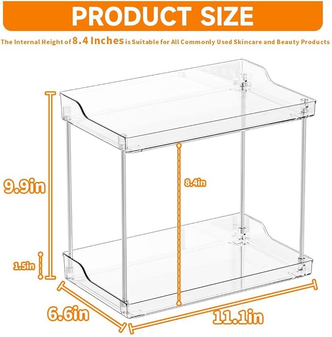 Clear Acrylic Bathroom Counter Organizers and Storage Tray, 2 Tier Makeup,Perfume,Skincare Organizer Shelf & Vanity Storage for Bedroom and Counter Top Spice Racks for Kitchen Corner,Rectangle - Image 2