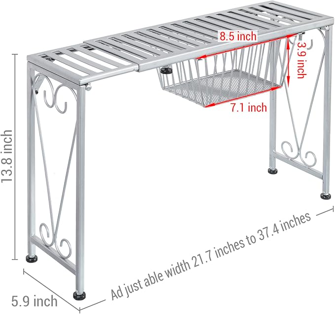 MyGift Silver Metal Over The Sink Organizer Shelf with Pull Out Drawer, Expandable Kitchen Caddy Rack, Bathroom Storage Shelf Riser with Scrollwork Design - Image 3