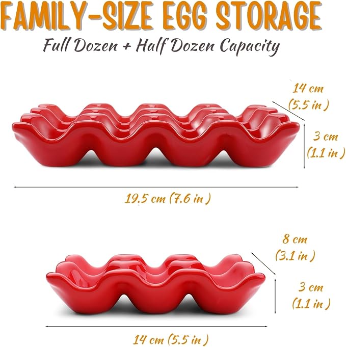 Flexzion 12 Cups Ceramic Egg Holder for Fridge - Dozen Ceramic Egg Tray Porcelain Container Storage Organizer Decorative Serving Stand Serveware for Refrigerator Countertop Display (Red, 2 Pack) - Image 7
