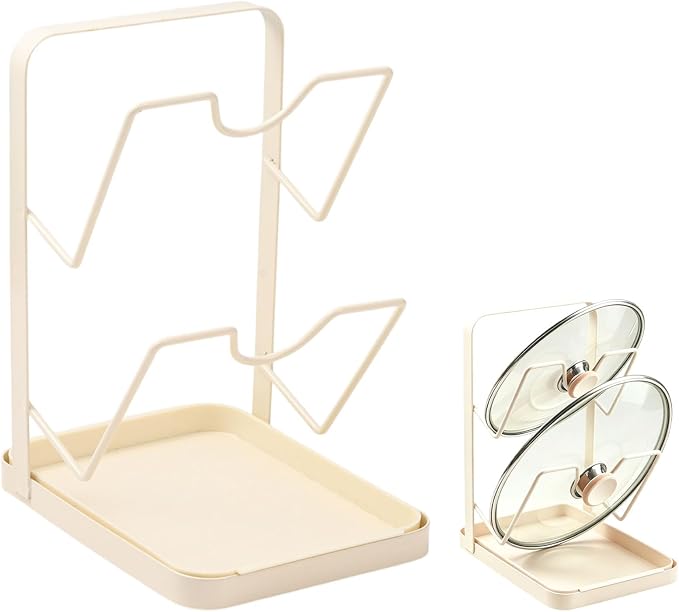 BEEFLYING Pot Lid Holder Organizer for Countertop with Tray, Almond | Holds 2 Pot Lids, 7.17*5.39*8.86In, Carbon Steel for Cooking Stove Top Kitchen Counter Cabinet Blanched by BEEFLYING