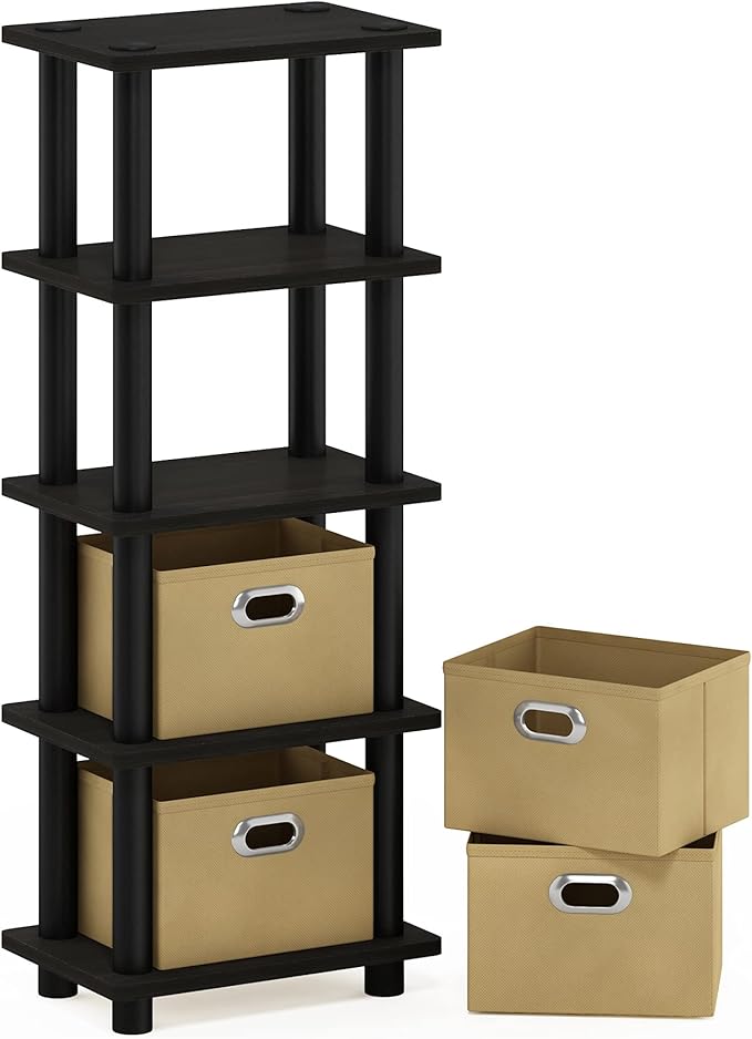 Furinno Turn-N-Tube Toolless 4-Tier Storage Shelves, Espresso | Narrow Open Frame Book Shelf with Storage Bins, for Organization, for Living Room, Garage, Home Office by Furinno-FitsYourSpaceFitsYourBudget