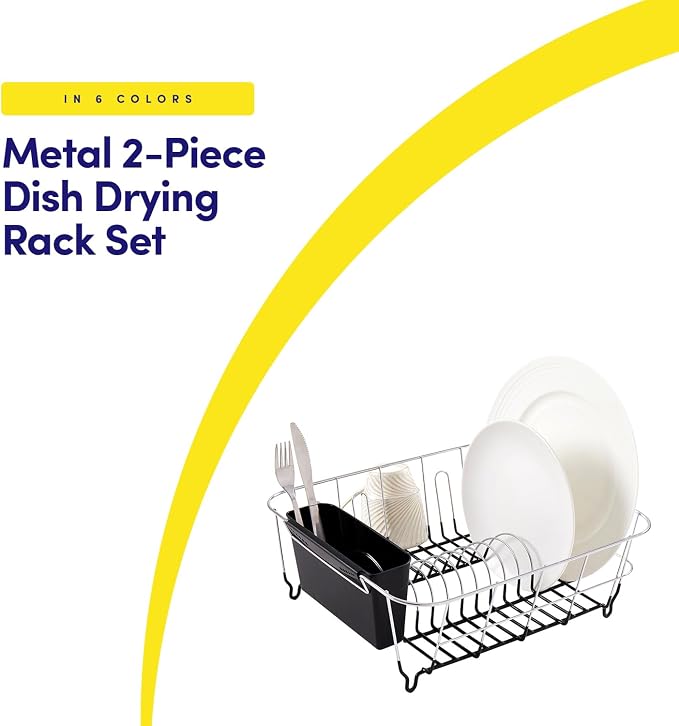 Sweet Home Collection 2 Piece Dish Drying Rack Set Drainer with Utensil Holder Simple Easy to Use Fits in Most Sinks, 14.5" x 13" x 5.25", Black - Image 2