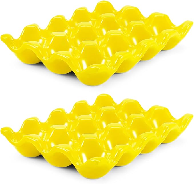 Flexzion 12 Cups Ceramic Egg Holder for Fridge - Dozen Ceramic Egg Tray Porcelain Container Storage Organizer Decorative Serving Stand Serveware for Refrigerator Countertop Display (Yellow, 2 Pack) by Flexzion