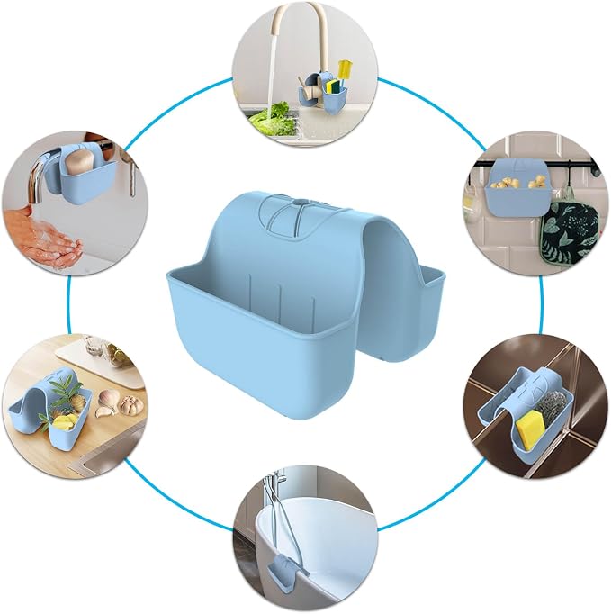Sponge Holder for Kitchen Sink, Silicone Sink Saddle Caddy Organizer Rack, Sponges Holder Over Faucet, Hanging Kitchen Organizer Accessories Rack Basket Light Blue - Image 5