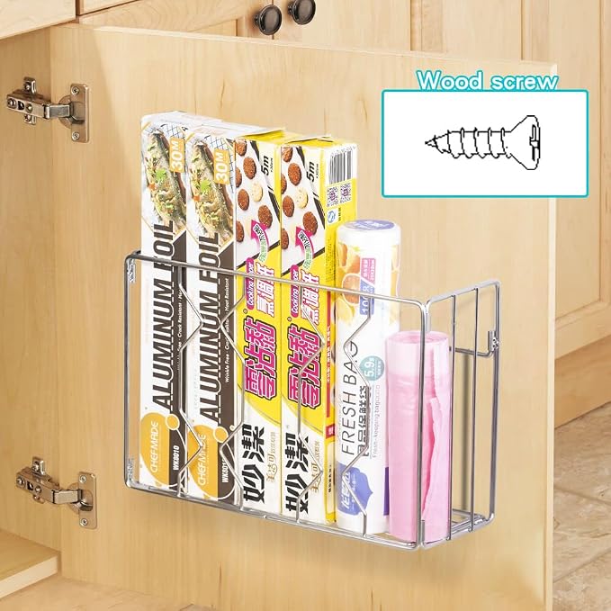 YQh Wall Mount Kitchen Wrap Organizer Rack, Cabinet Storage Basket, Aluminum Foil Rack, Mounts to Solid Cabinet Doors or Walls, Tall Basket Door Mount Cabinet Organizer - Image 5