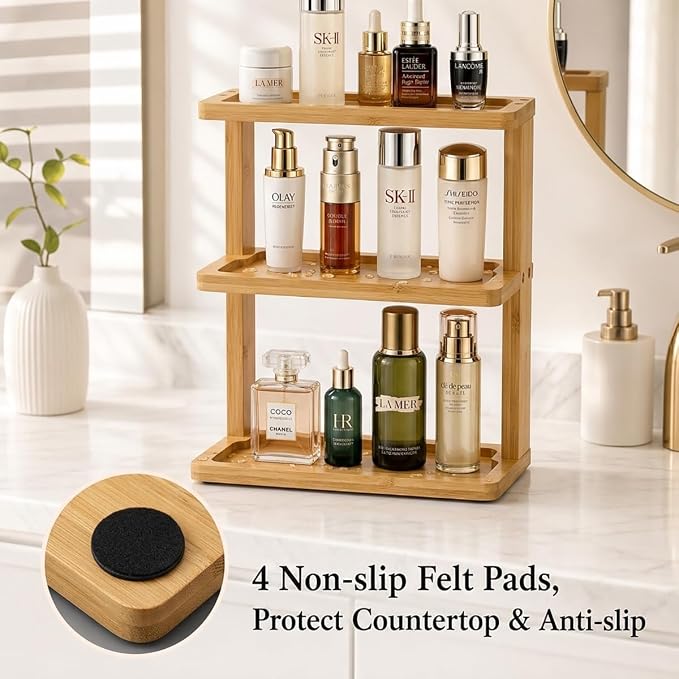 PEKER Bamboo Bathroom Organizer Countertop – Vanity Storage Shelf for Makeup, Perfume, Skincare – Natural Cosmetics Display Rack for Dresser, Sink, Kitchen – Natural - Image 6