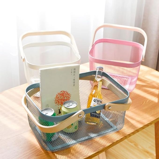 Portable Mesh Harvest Basket - Natural Bamboo Handle Foldable Organizer for Kitchen, Garden & Picnic | Ventilated Storage Bin with Rust-Proof Wire, Space-Saving Farmhouse Decor (Pink) - Image 9