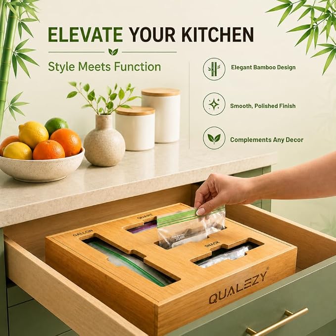 Bamboo Storage Bag Organizer for Drawer | 4-in-1 Baggie Organizer, Kitchen Drawer, Wall Mount & Countertop, Gallon, Quart, Sandwich & Snack, Engraved Labels - Image 7