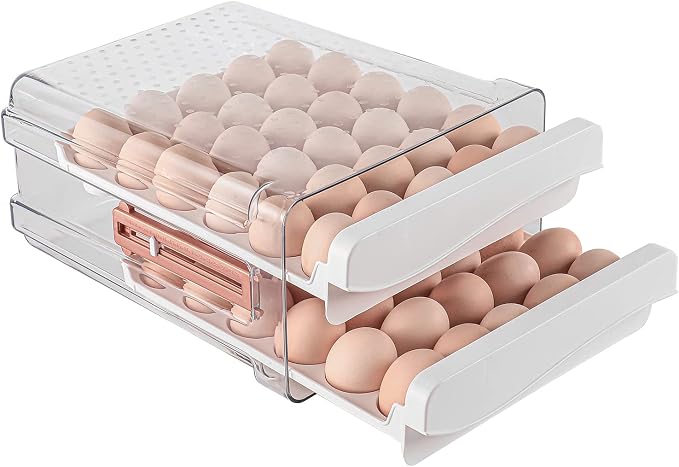 Sooyee Egg Holder for Fridge, Clear, 2 Drawers 60 Eggs | Eggs Organizer for Refrigerator,Space-Saving Egg Container, Clear Acrliy 2-Tier Egg Tray Storage for Kitchen by Sooyee