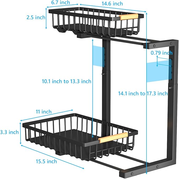 Merrylun Under Sink Organizers, 5 Adjustable Height,Metal Pull Out Under Sink Organizers and Storage Shelves with Sliding Drawer, Black 1pack（Hight 13.6″-16.9″） - Image 2