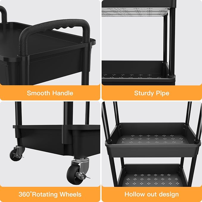 3 Tier Rolling Utility Cart with Drawer,REBECAT Utility Cart Made of Multifunctional Storage Organizer Tool for Kitchen,Bathroom,Living Room,Office(Black) - Image 2