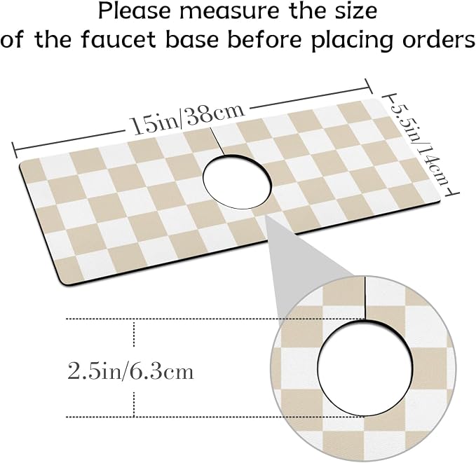Light Brown White Checkered Kitchen Sink Splash Guard Faucet Mat,Faucet Non-Slip Absorbent Mat,Farmhouse Sink Splash Guard Behind Faucet for Kitchen Bathroom, 15"x5.5" - Image 2