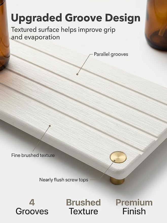 Instant Dry Sink Caddy Kitchen Sink Organizer, Quick Drying Stone Tray Diatomite Sponge Holder Soap Dish, Bathroom Countertop Fast Dry Water Absorbing Vanity Rack, Gold White, 12" x 5" - Image 4