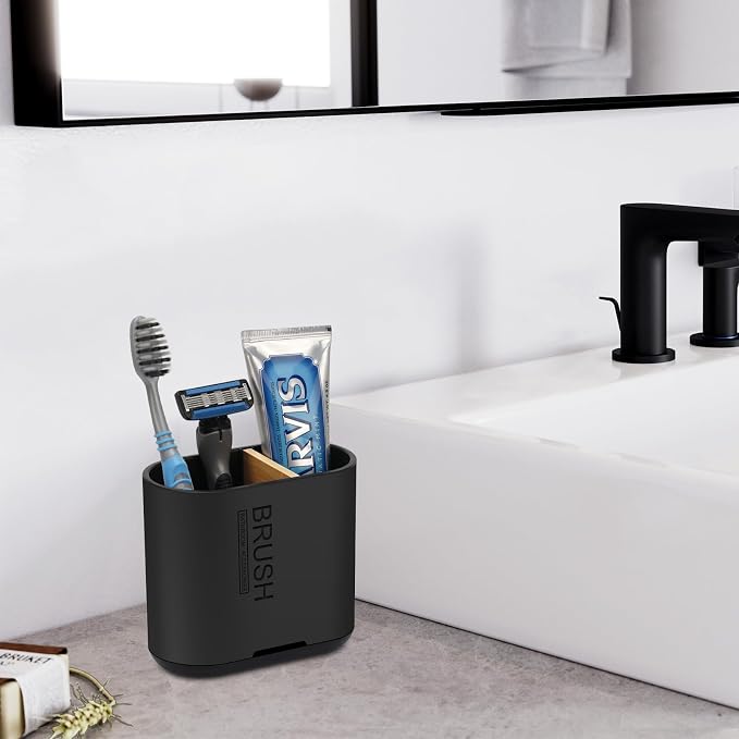 Bamboo Toothbrush Holder for Bathrooms Toothpaste Organizer, Small, Black | 2 Slots, Easy to Clean, Plastic, Kids Electric Toothbrush, Drainage, Removable, For Bathroom, Vanity, Kitchen Sink, Office - Image 2