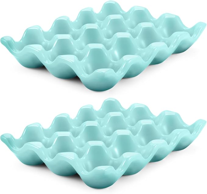 Flexzion 12 Cups Ceramic Egg Holder for Fridge - Dozen Ceramic Egg Tray Porcelain Container Storage Organizer Decorative Serving Stand Serveware for Refrigerator Countertop Display (Blue, 2 Pack) by Flexzion