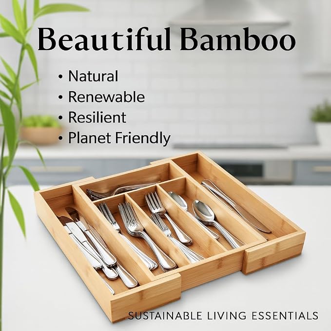 HIC Kitchen Expandable 6-Slot Silverware Cutlery Utensil Storage Tray, Natural Bamboo, Opens to 14-Inches - Image 5