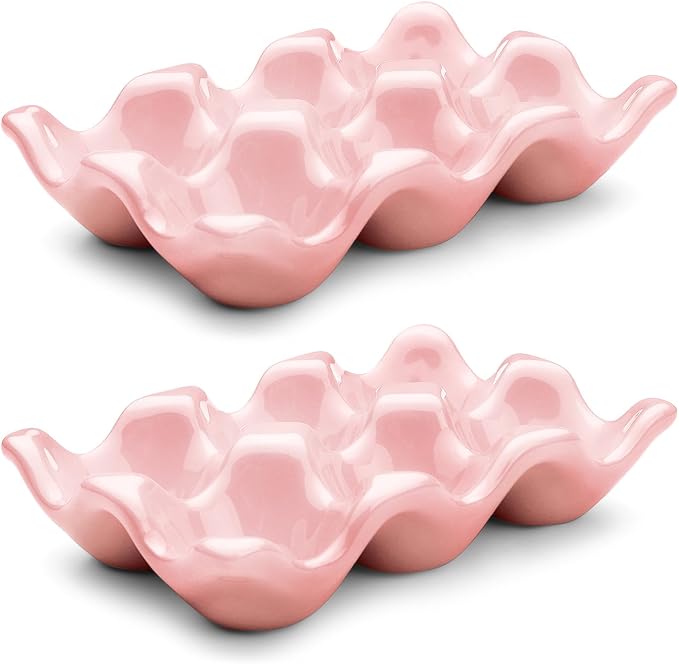 Flexzion Porcelain Egg Crate - 6-Egg Capacity Ceramic Egg Tray, Half Dozen Egg Holder for Fridge, Countertop Display - Pink Decorative Serving Dish and Storage Organizer, 2 Pack by Flexzion