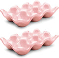 Flexzion Porcelain Egg Crate - 6-Egg Capacity Ceramic Egg Tray, Half Dozen Egg Holder for Fridge, Countertop Display - Pink Decorative Serving Dish and Storage Organizer, 2 Pack by Flexzion