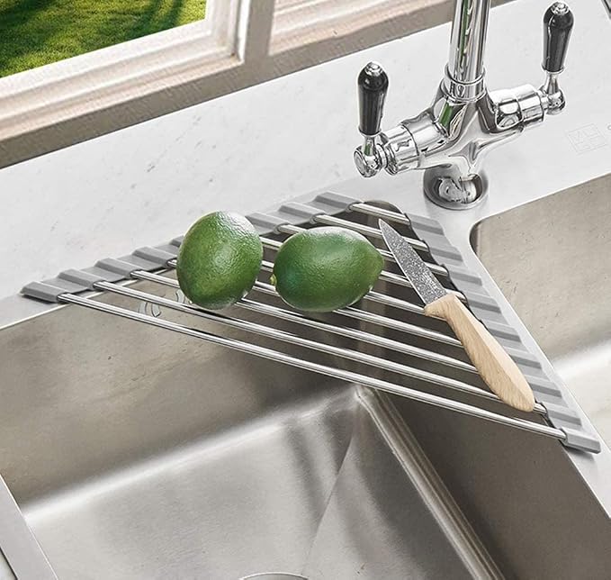 Triangle Dish Drying Rack Multipurpose Roll-up Drying Rack for Sink Corner Stainless Steel Over The Sink Corner Dish Drainer Mat for Kitchen (Grey) - Image 4