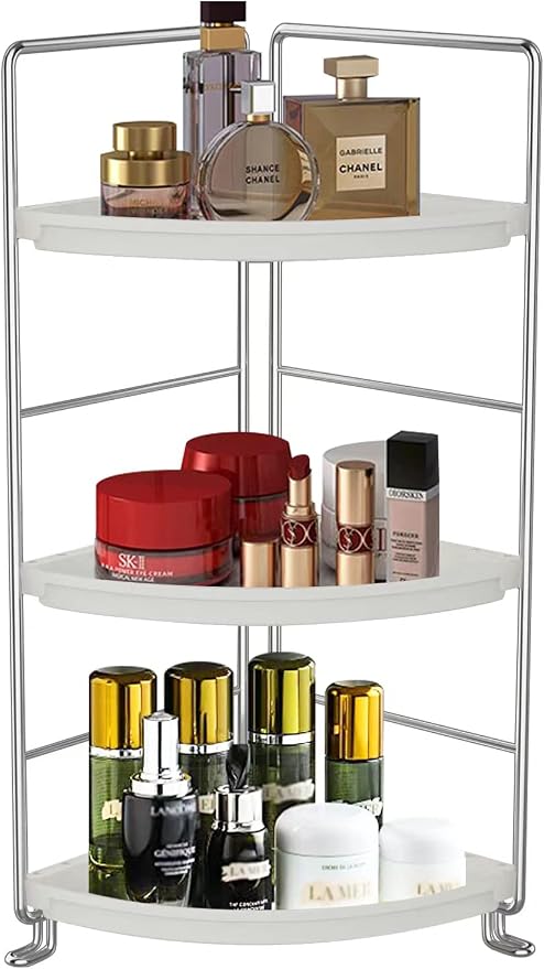 3-Tier Corner Bathroom Counter Shelf Stackable Perfume Storage Holder Makeup Countertop Organizer Standing Vanity Tray Kitchen Spice Rack,White and Silver by Sekepingo