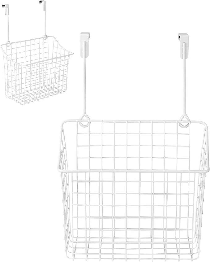 Spectrum Large Over Cabinet Door Organizer White Wire Storage Basket for Kitchen Bathroom, Steel Hanging Cabinet Storage Organizer Basket Design Fits 0.75 Inch Cabinet Doors by Unknown