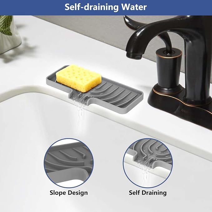 JACZZO Silicone Sponge Holder for Kitchen Sink, (10x4 In) Sink Caddy with Drain Spout, Self Draining Soap Tray & Organizer, Kitchen Accessories,Bathroom Organizer, Easy to Clean (Grey) - Image 7