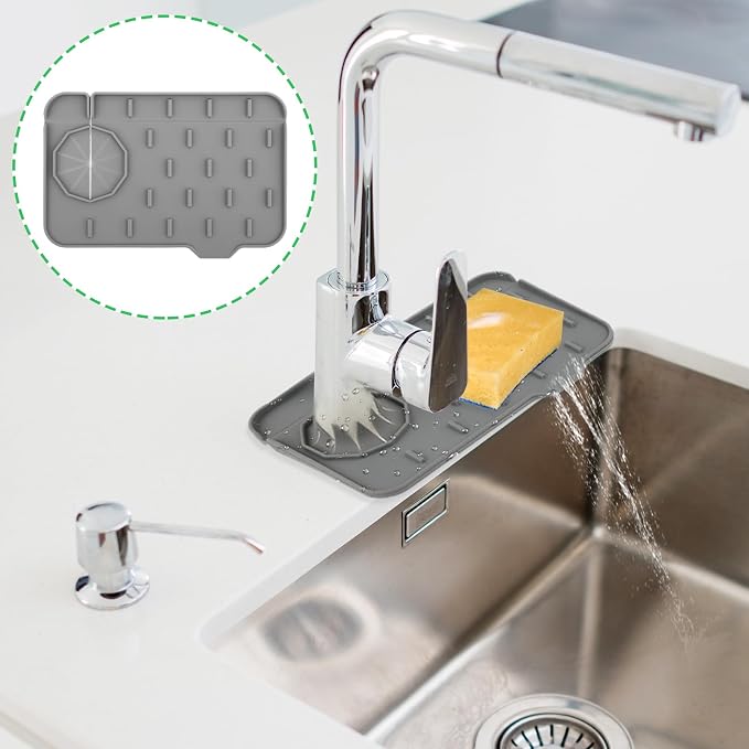Silicone Sink Faucet Splash Guard Mat, Soap Dish Pad, Drip Catch Sponge Holder, Sink Protector Tray for Kitchen and Bathroom Countertops, 8.3 x 5.7 Inch - Image 2