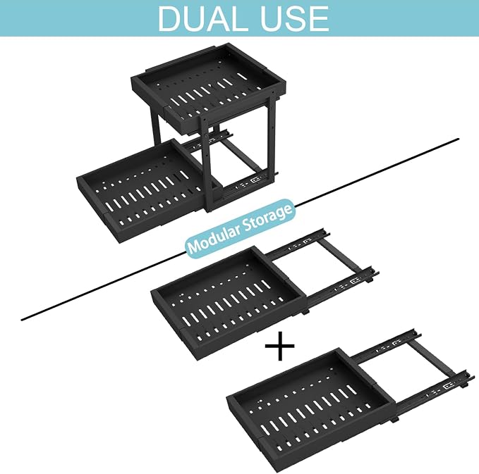 2-Tier Expandable Pull Out Cabinet Organizer, Cabinet Drawers, 21"D | Cabinet Pull Out shelves, Adjustable Pantry Drawers, Slide Out Drawers for Kitchen Cabinets, Under Sink Organizer,Large Black - Image 6