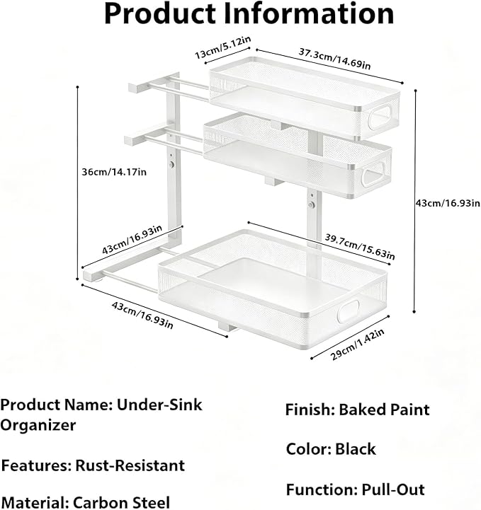 2 Pack Under Sink Organizer, 3-Tier Pull Out Kitchen Cabinet Organizer | 5 Adjustable Heights, Metal Slide Out Bathroom Storage, Makeup Drawer Rack for Bedroom Office Pantry Home Organization, White - Image 7