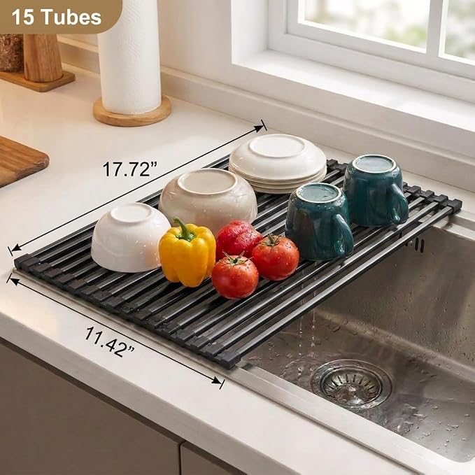 Roll Up Dish Drying Rack 11.42" x 17.72" 15 Tube Kitchen Sink Rack Over the Sink Dish Drying Rack Stainless Steel Dish Rack Heat-Resistant Dish Drainer, Black - Image 2