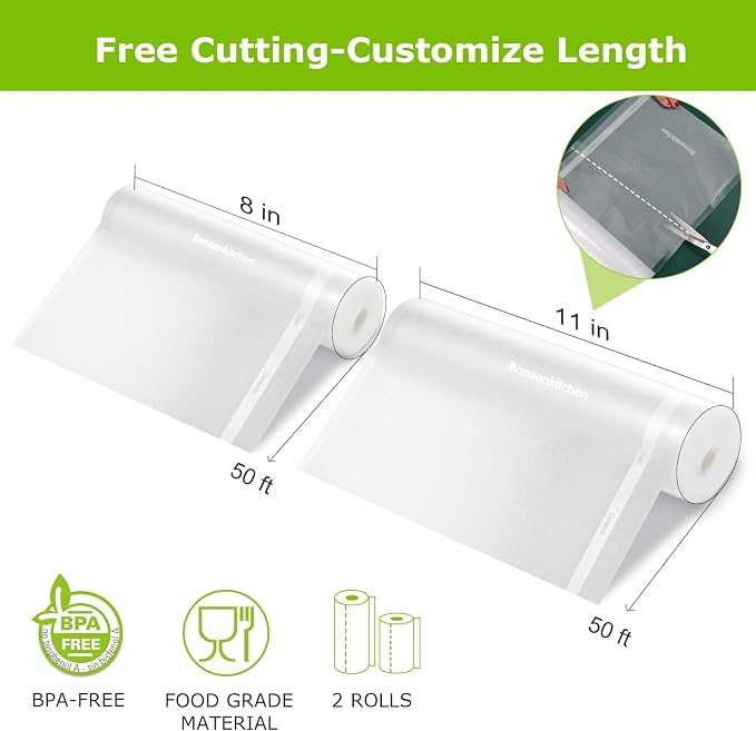 Bonsenkitchen Vacuum Sealer Bags Rolls for food, 11in x 50ft & 8in x 50ft | Durable Food Saver Bags, Commercial Grade, Heavy Duty, BPA Free, Seal a Meal, Food Storage & Sous Vide Cooking, VB25 - Image 6