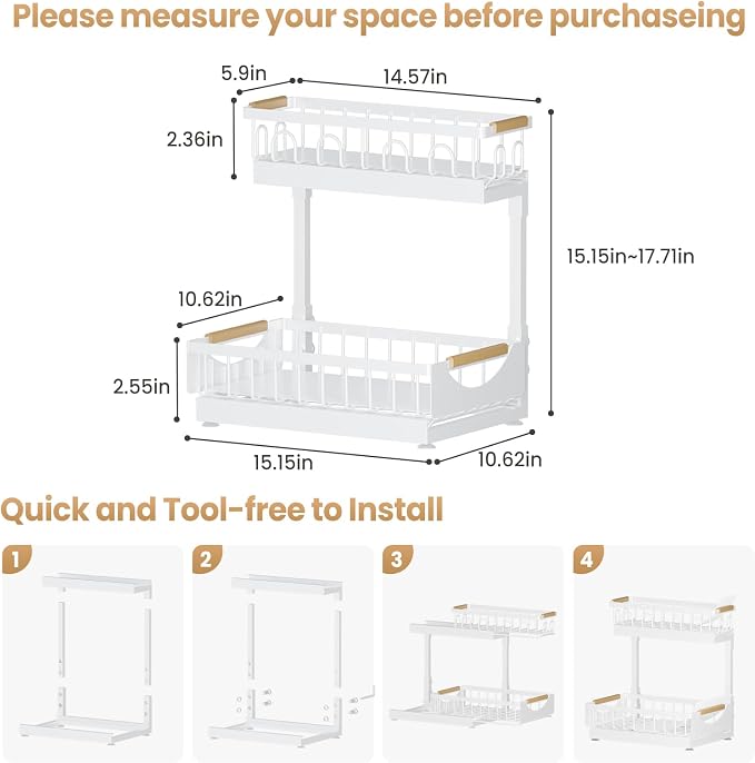 Under Sink Organizer and Storage for Bathroom and Kitchen - 2 Pack 2 Tier | Cabinet Pull Out Shelf Organizers - Slide Out Drawer Organization for Home Cabinets Shelves and Drawers - Image 8