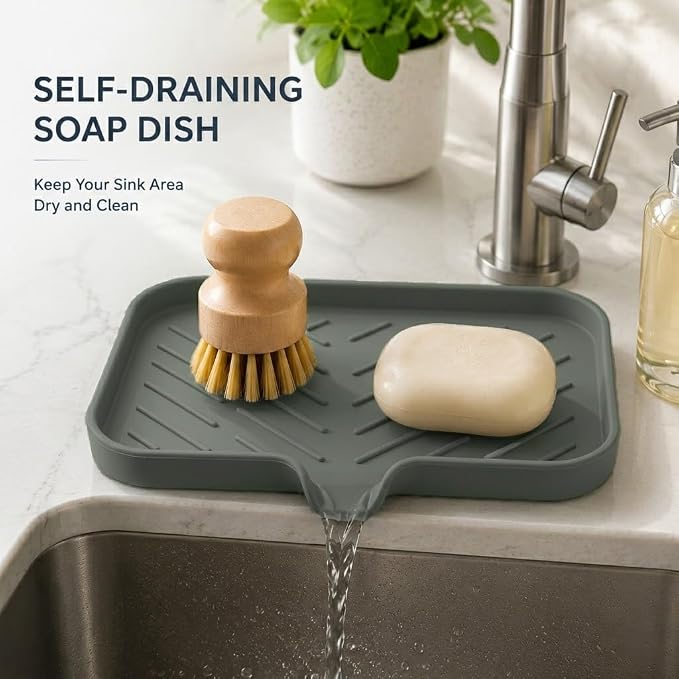 MicoYang Silicone Soap Dish with Drain Spout — Self-Draining Sink Organizer Tray for Bathroom & Kitchen, Sponges, Dispensers & Soap Holder, Non-Slip & Dishwasher Safe, Grey (Medium, 9.6"×5.3") - Image 7