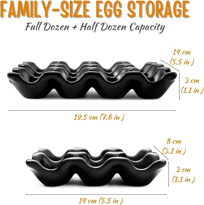 Flexzion 12 Cups Ceramic Egg Holder for Fridge - Dozen Ceramic Egg Tray Porcelain Container Storage Organizer Decorative Serving Stand Serveware for Refrigerator Countertop Display (Black, 2 Pack) - Image 7