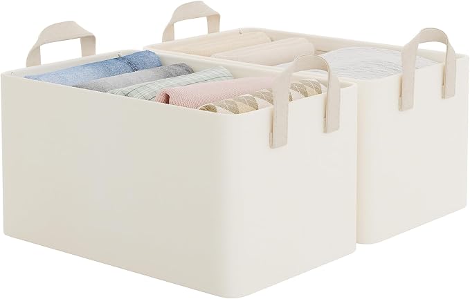 StorageWorks Fabric Storage Bins, Closet Organizer Bins, Beige, 2-Pack | With PU Handles, Wrinkle-Resistant Cottlyn Fabric, Foldable, For Bedroom, Bathroom, Laundry, Holds Clothes, Towels, Blankets by StorageWorks