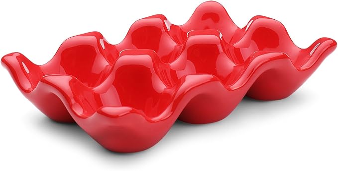 Flexzion Ceramic Egg Holder for Fridge - 6 Cups Egg Tray Half Dozen Porcelain Container Keeper Storage Organizer Decorative Serving Dish Serveware for Refrigerator Countertop Display Kitchen (Red) by Flexzion