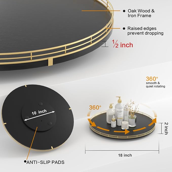 Oroyutor 18" Oak Wooden Lazy Susan Turntable for Dining Table, Large Round Lazy Susans Organizer for Kitchen Countertop, Tabletop 360°Rotating Tray for Spice Organization Gold Black Home Decor - Image 6