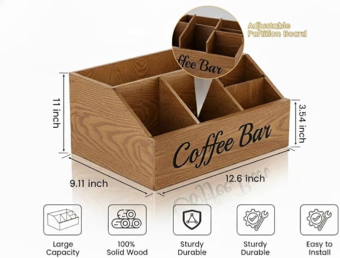 Coffee Station Organizer for Countertop – Wooden Coffee Bar Organizer with Adjustable Dividers,Holds K Cup Pod & syrup bottles, for Kitchen, Office, or Bar and Tea Station, Brown - Image 4