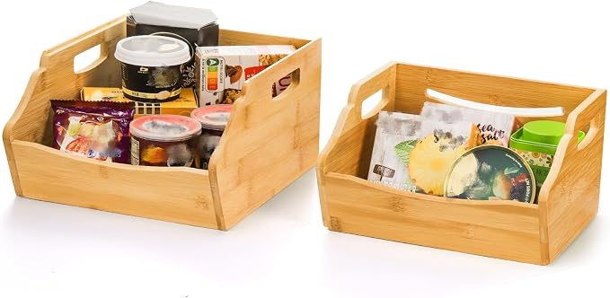 Cididu 2 Pack Bamboo Stackable Storage Bin, Countertop Open Front Stacking Bins, 2 Tier Organize Basket Box with Handle, Food Fruit Container for Cabinet, Kitchen, Studio, Office - Image 9