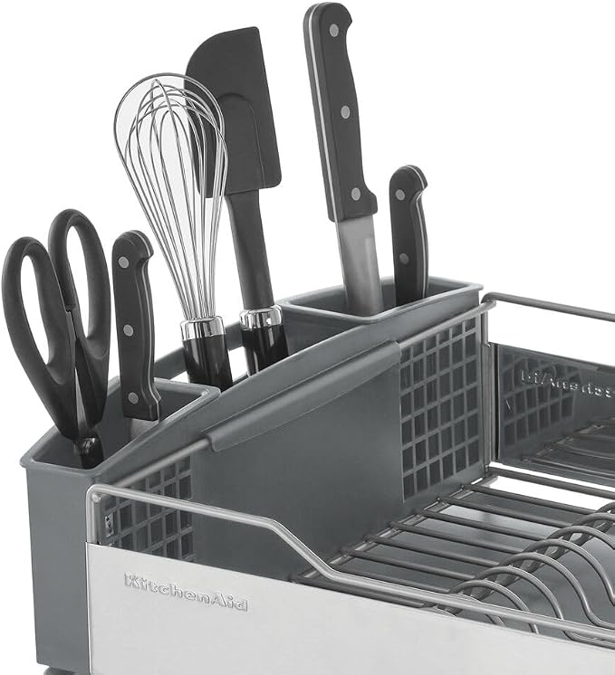 KitchenAid Large Capacity Full Size Rust Resistant Dish Rack with Angled Drain Board and Removable Flatware Caddy, Light Grey - Image 7