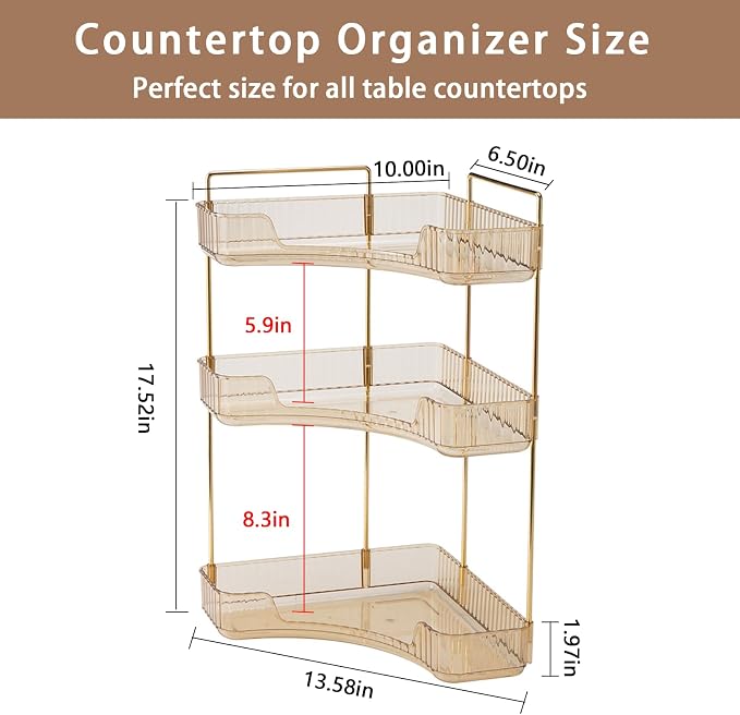 3-Tier Corner Bathroom Counter Organizer – Classic Storage Shelf for Makeup, Perfume & Toiletries, Space-Saving Countertop Tray Fits Bathroom, Dresser, Kitchen (Vintage Gold) - Image 2