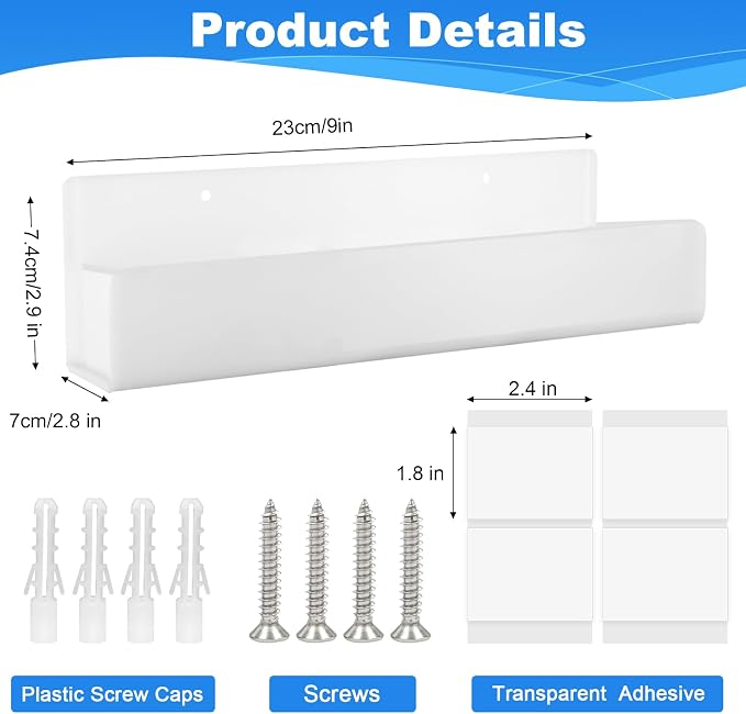9 Inch Acrylic Spice Rack Wall Mount, White, 4 Pack | Spice Shelf Storage Holder, Hanging Seasoning Rack Organizer, For Cabinet Door, Cupboard or Wall Kitchen, Adhesive or Screw - Image 3