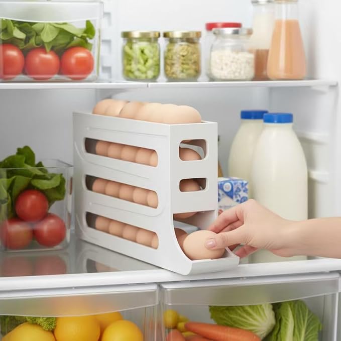 28 Egg Holder for Fridge, 4-Tier Auto Rolling Egg Organizer for Refrigerator, Gravity Slide Dispenser Rack, Space-Saving Storage (White) - Image 3