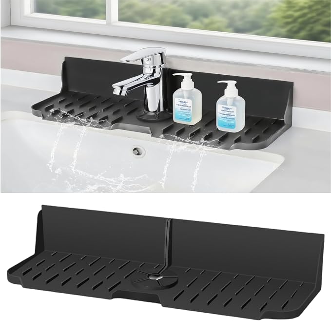 Sink Splash Guard Behind Faucet, Silicone Sink Faucet Drying Mat & Dish Soap Sponge Holder, 17" x 5.5" Silicone Kitchen Sink Auto Drain Organizer (Black) by Unknown