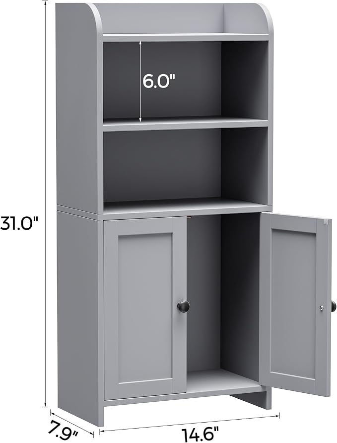 Homhedy Small Bathroom Storage Cabinet, Toilet Paper Storage Cabinet | Bathroom Floor Cabinet with Doors and Shelves, Bathroom Organizers for Small Spaces, 7.9" D x 14.6" W x 31" H, Gray - Image 2