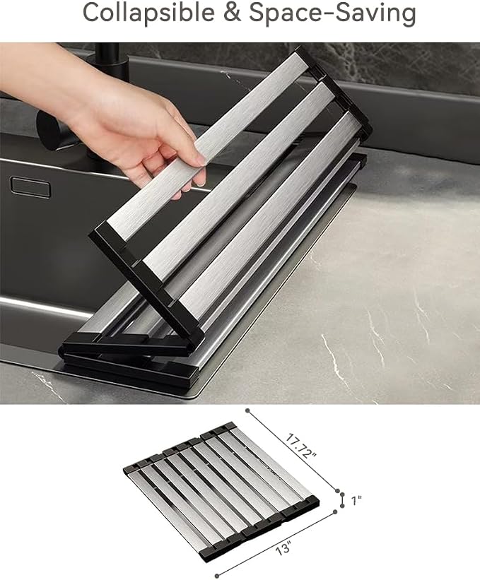 17.72" Dish Drying Rack Over the Sink, 1.28lb Heavy-Duty 304 Stainless Steel, Non-Slip Silicone Edges, Folding Space-Saving for Home & RV Kitchen, Dish Drainer, Cooling Rack & Sink Cover - Image 4