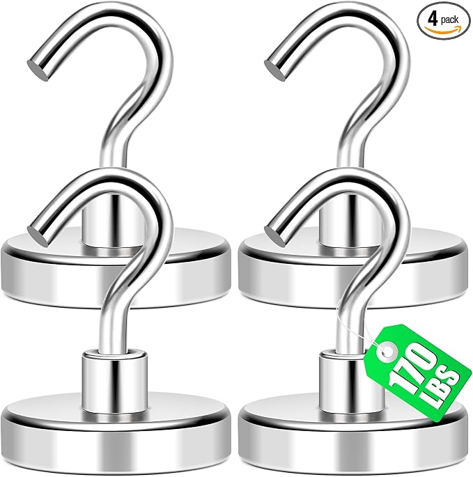 Magnetic Hooks, Cruise Essentials 170Lbs Strong Magnet Hook, Silver | Cruise Essentials Neodymium Heavy Duty Magnets with Hooks for Hanging Magnetic Hanger for Fridge Toolbox Storage, 4 Pack by MIKEDE