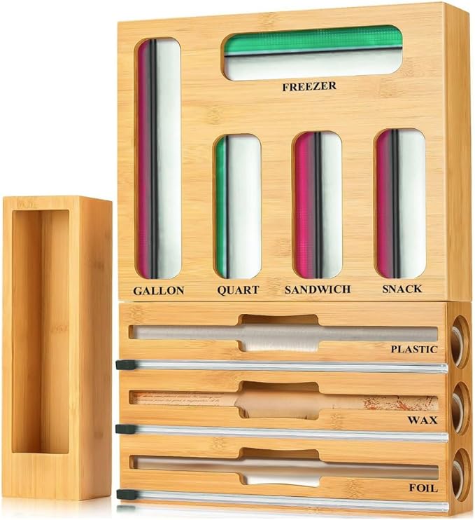 9 in 1 Storage Bag Organizer for Kitchen Drawer, Bamboo Foil and Plastic Wrap with Cutter, Ziplock Bag Organizer for Quart, Gallon, Sandwich & Snack Bags - Aluminum Foil Organizer by Unknown